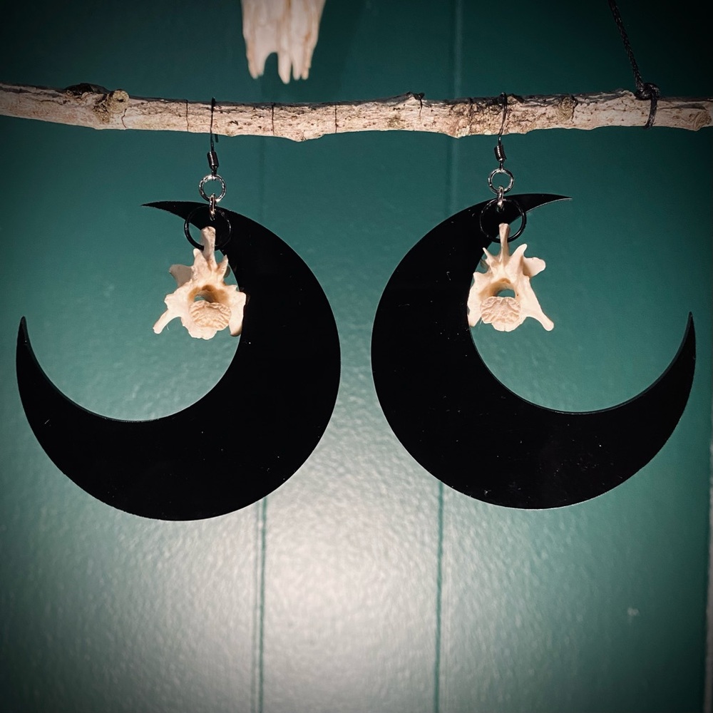Possum Vertebrae Bone Black Crescent Moon Earrings